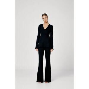 NWT Sans Faff Sylvie Enviro Rib Black Ribbed Knit Bell Sleeve V Neck Top Small